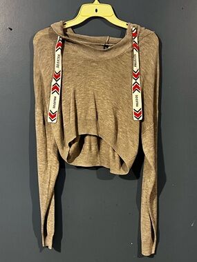H&M Taupe Cropped Hooded Pullover with Printed Drawstrings